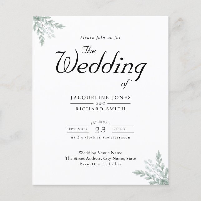 Budget Eucalyptus Greenery Wedding Invitation Flyer (Front)
