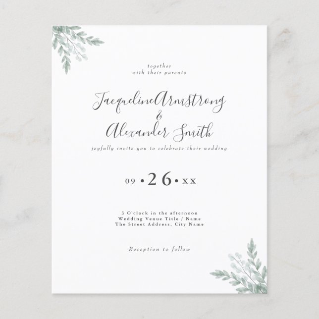 Budget Eucalyptus Greenery Wedding Invitation Flyer (Front)