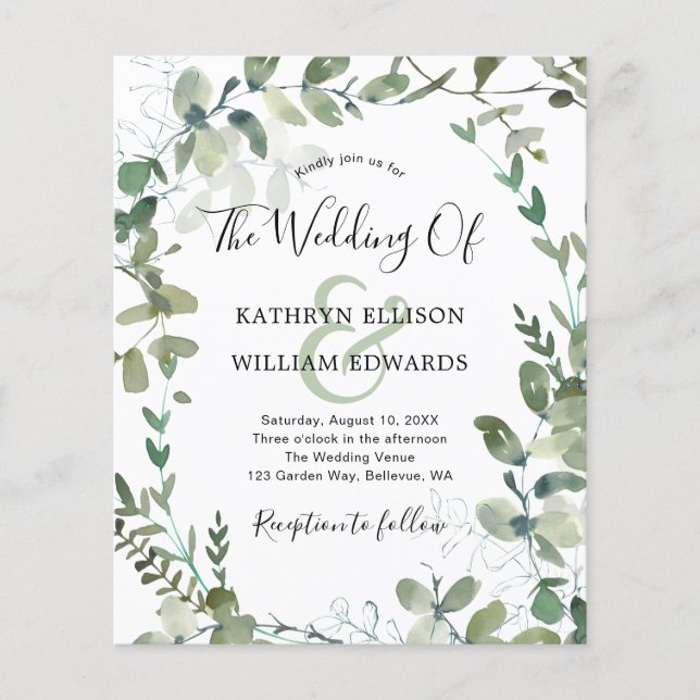 Budget Eucalyptus Greenery Wedding Invitation Flyer (Front)