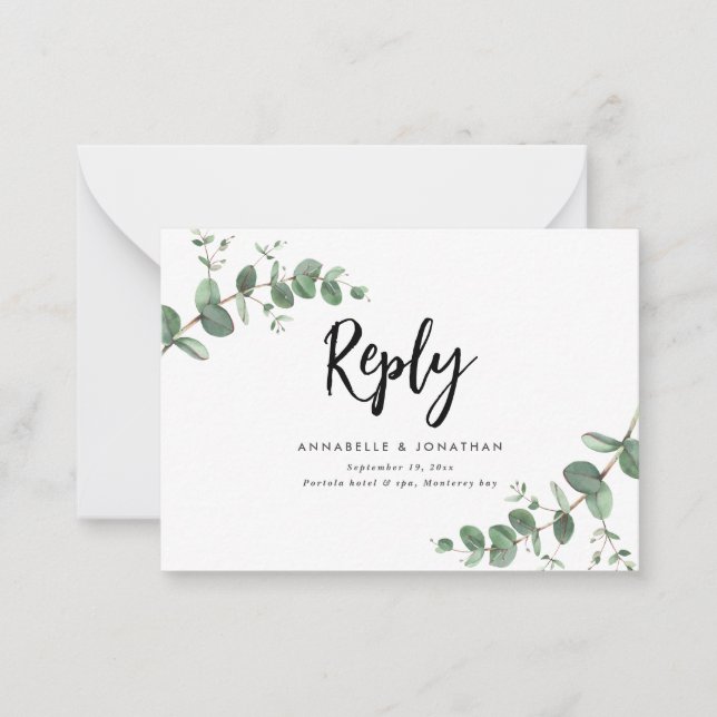 budget Eucalyptus Greenery Wedding RSVP reply Note Card (Front)