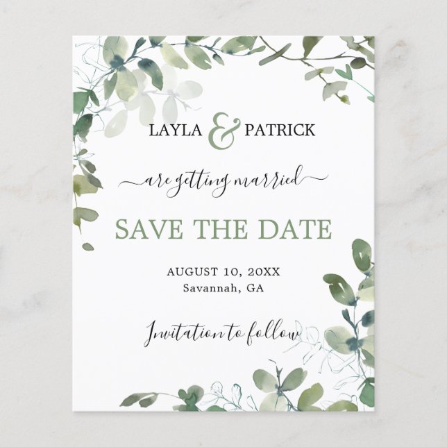 Budget Eucalyptus Greenery Wedding Save The Date Flyer (Front)