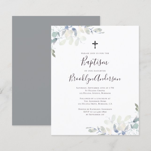 Budget Eucalyptus Grey Baptism Invitation (Front/Back)