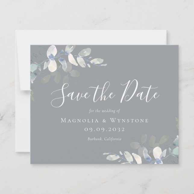 BUDGET Eucalyptus Grey Wedding Save The Date (Front)