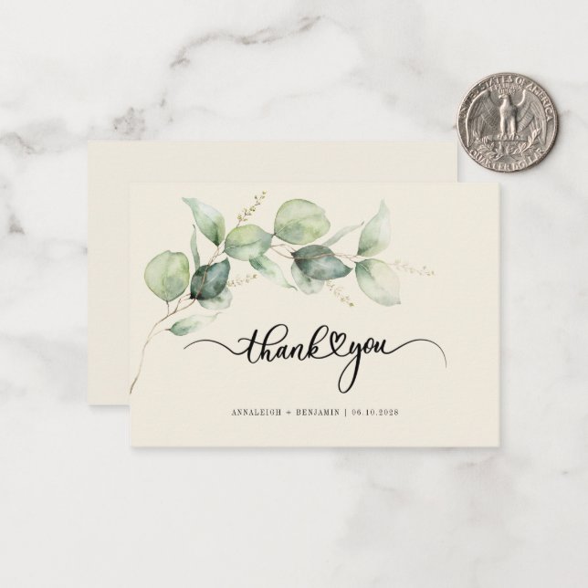 Budget Eucalyptus Hand-Lettered Wedding Thank You Card (Front/Back In Situ)
