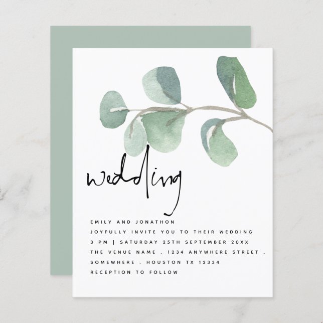 BUDGET Eucalyptus Informal Script Wedding Invite (Front/Back)