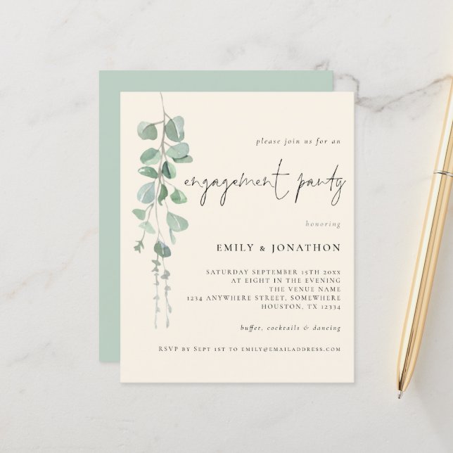 Budget Eucalyptus Ivory Engagement Party Invite (Front/Back In Situ)