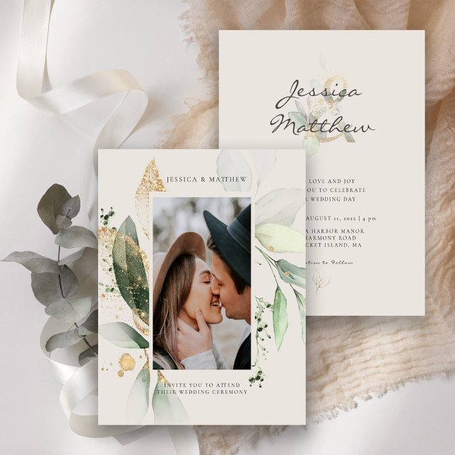 Budget Eucalyptus Ivory Wedding Photo Invitation (Creator Uploaded)
