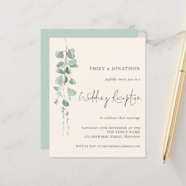 Budget Eucalyptus Ivory Wedding Reception Invite (Front/Back In Situ)
