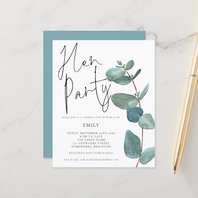 Budget Eucalyptus Leaf Hen Party Invitation (Front/Back In Situ)