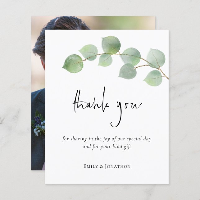 Budget Eucalyptus Leaf Script Photo Thank You (Front/Back)