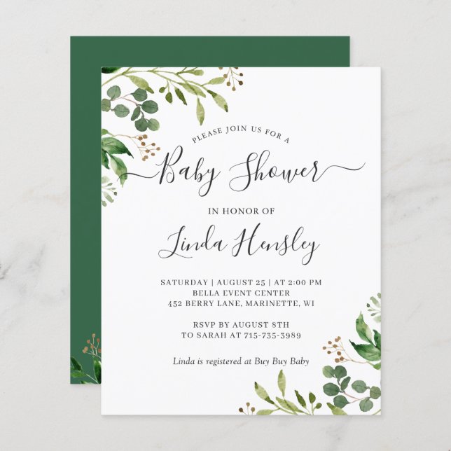Budget Eucalyptus Leaves Baby Shower Invitations (Front/Back)
