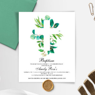 Budget Eucalyptus Leaves Cross Baptism Invitation