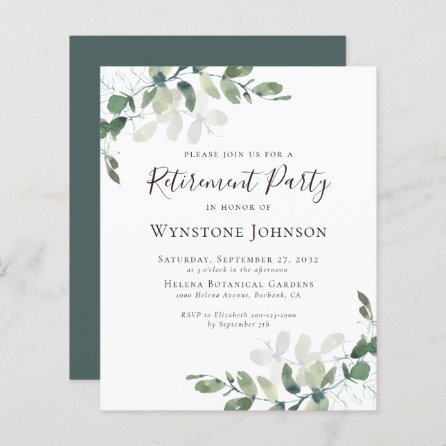 BUDGET Eucalyptus Leaves Retirement Party Invite (Front/Back)