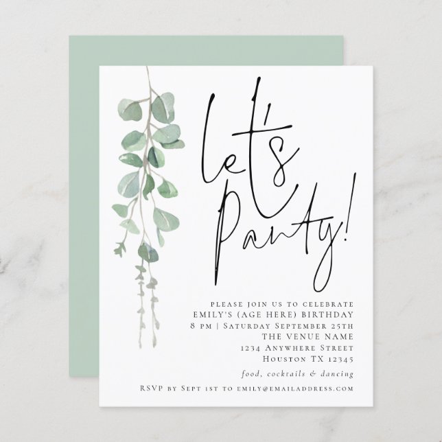 Budget Eucalyptus Lets Party Any Age Party Invite (Front/Back)