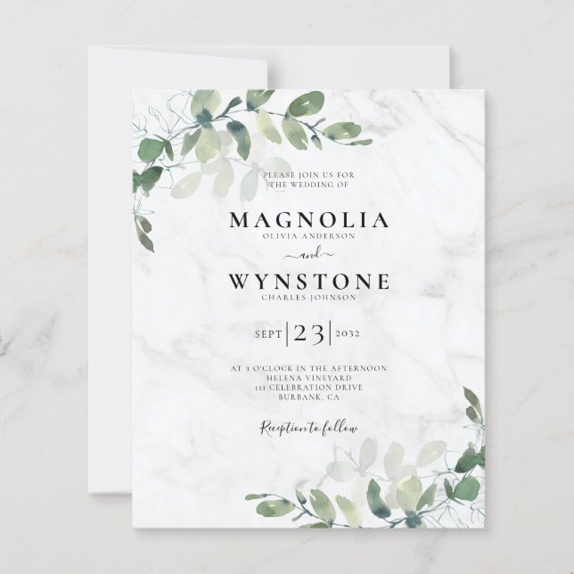 Budget Eucalyptus Marble Wedding Invitation (Front)