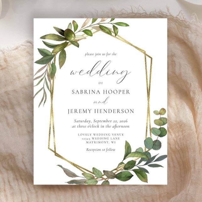 Budget Eucalyptus Olive Gold Geo Wedding Invite (Creator Uploaded)