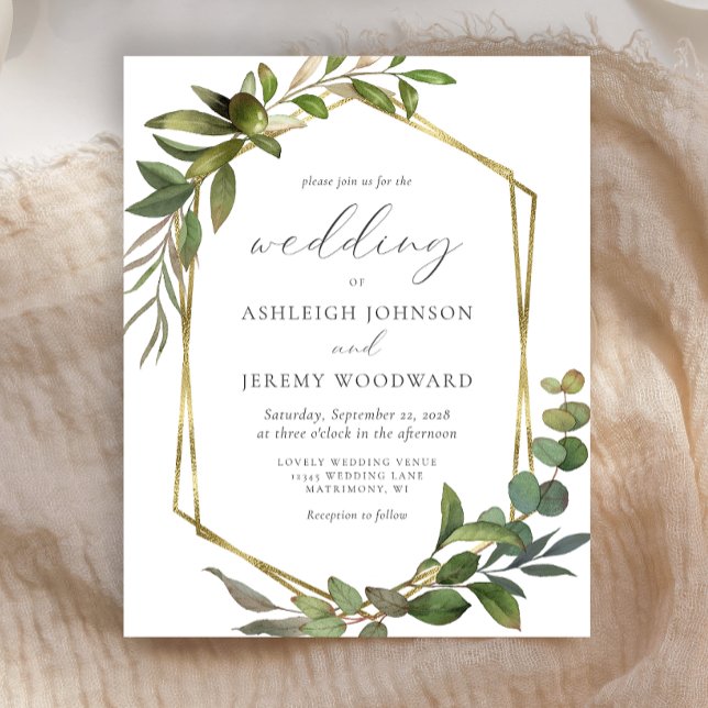 Budget Eucalyptus Olive Gold Geo Wedding Invite (Creator Uploaded)