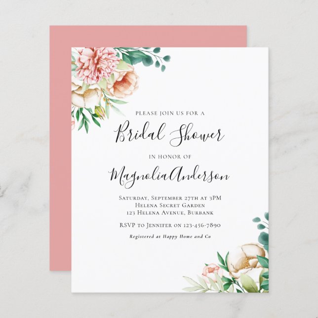 Budget Eucalyptus Peony Bridal Shower Invitation (Front/Back)