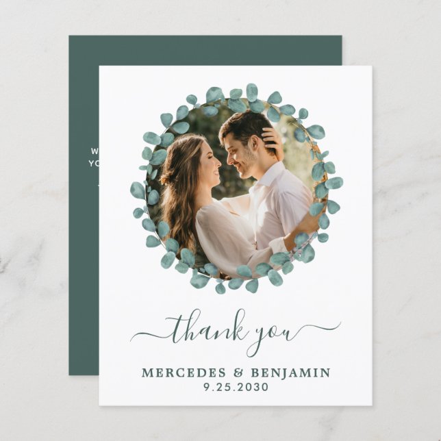 Budget Eucalyptus Photo Modern Wedding Thank You (Front/Back)