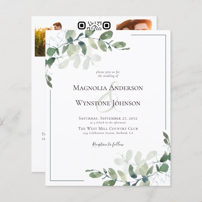 Budget Eucalyptus Photo QR Code Wedding Invitation (Front/Back)