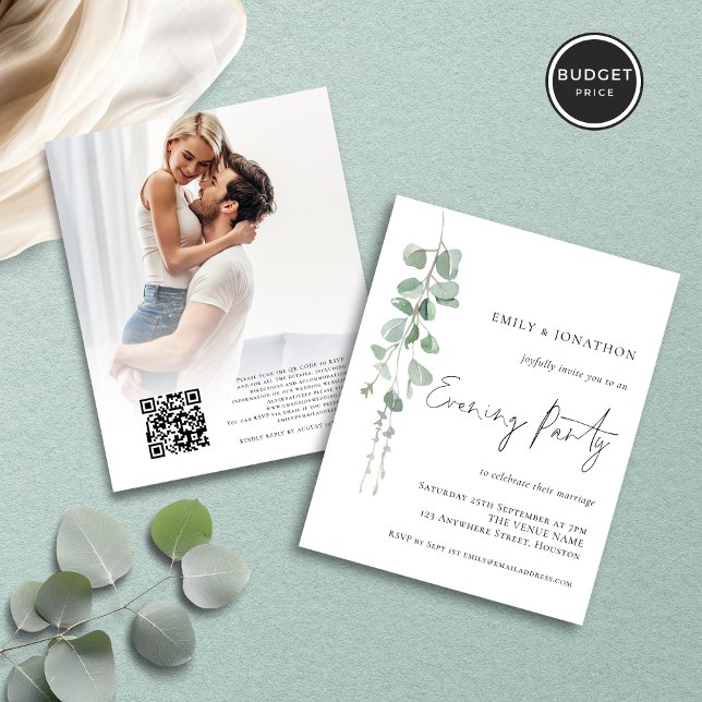 Budget Eucalyptus Photo QR Wedding Evening Invite (Front and back view)