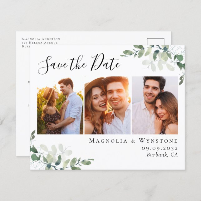 Budget Eucalyptus Photo Save the Date Postcard (Front/Back)