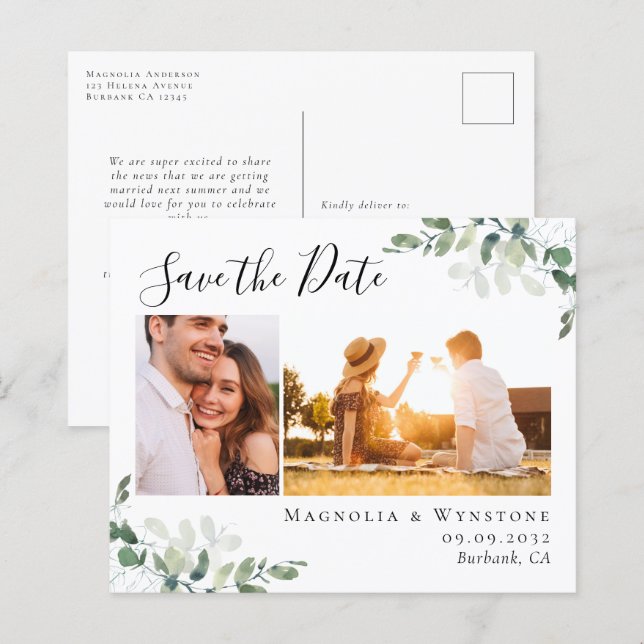 Budget Eucalyptus Photo Save the Date Postcard (Front/Back)