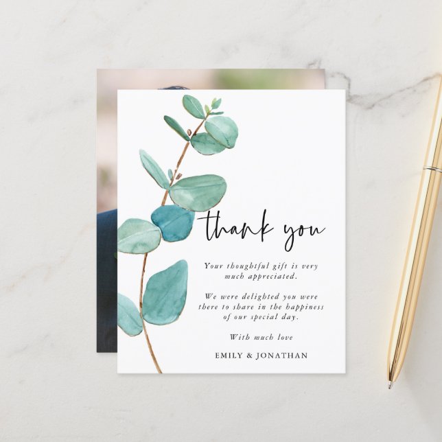 Budget Eucalyptus Photo Wedding Thank you (Front/Back In Situ)