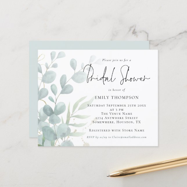 Budget Eucalyptus Powder Blue Bridal Shower Invite (Front/Back In Situ)