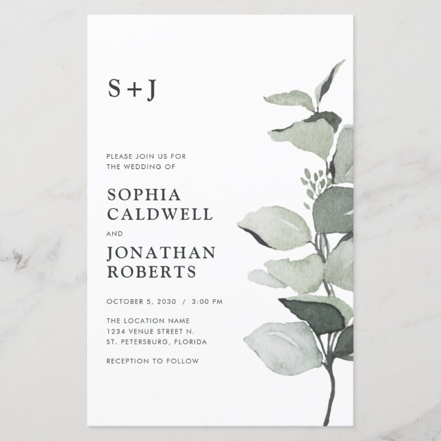 Budget Eucalyptus QR Code Monogram Wedding Invite (Front)
