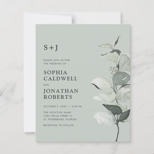 Budget Eucalyptus QR Code Monogram Wedding Invite (Front)
