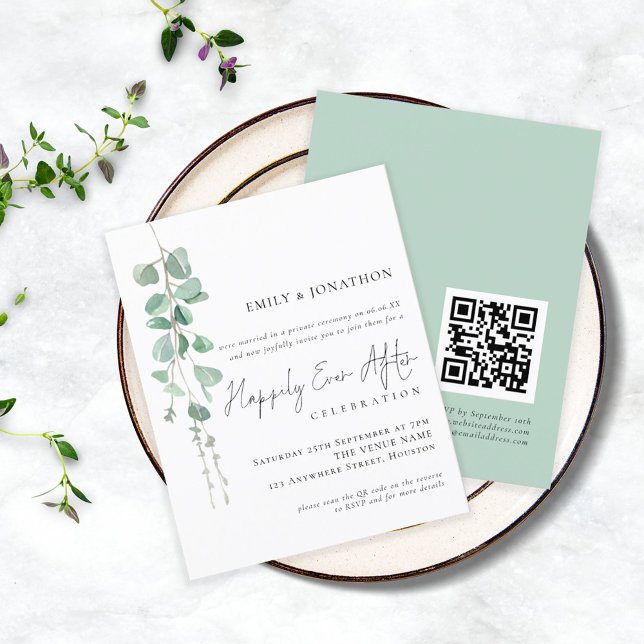 Budget Eucalyptus QR Wedding Happily Ever After (Front and back view. Smaller 4.5 x 5.6" budget price)