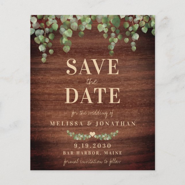 Budget Eucalyptus Rustic Wood Save The Date (Front)
