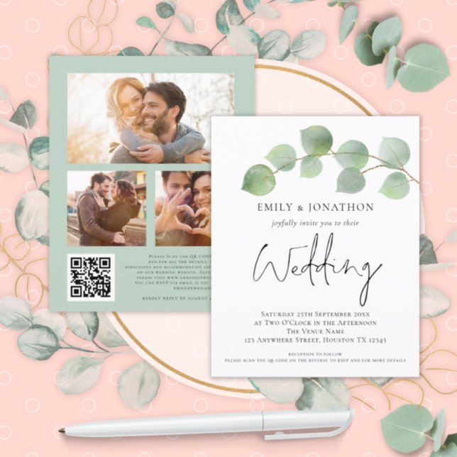 BUDGET Eucalyptus Script 3 photo QR Wedding Invite (Creator Uploaded)