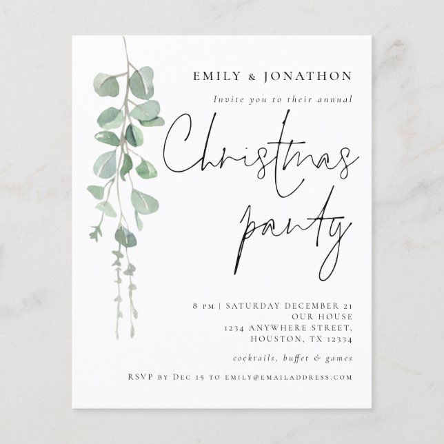 Budget Eucalyptus Script Christmas Party Invite (Front)