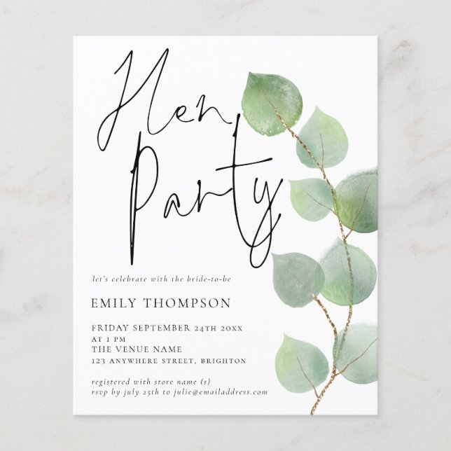 Budget Eucalyptus Script Hen Party Invitation (Front)