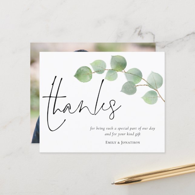 Budget Eucalyptus Script Photo Wedding Thanks (Front/Back In Situ)