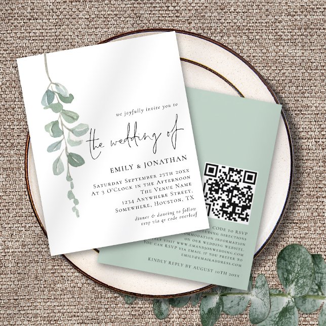Budget Eucalyptus Script QR Code Wedding Invite (Front and back view)