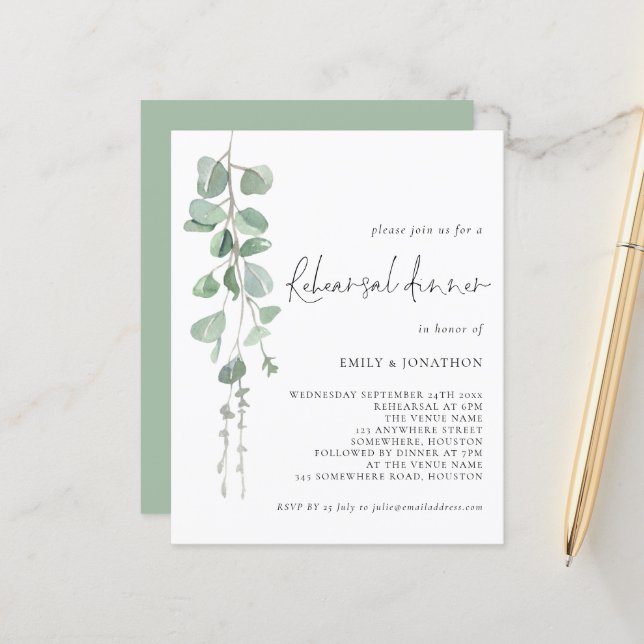 Budget Eucalyptus Script Rehearsal Dinner Invite (Front/Back In Situ)
