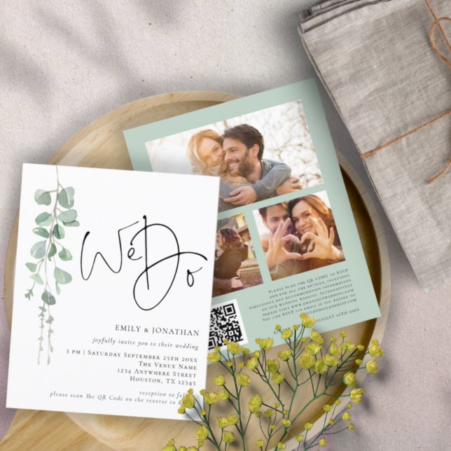 BUDGET Eucalyptus We Do 3 photo QR Wedding Invite (Front and back view)
