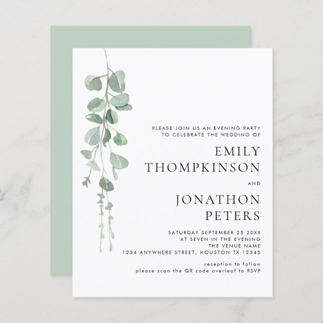 Budget Eucalyptus Wedding Evening Party Invite (Front/Back)