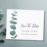 Budget Eucalyptus Wedding Save The Date Card<br><div class="desc">Let your family and friends know when your special day is with this simple,  elegant watercolor eucalyptus Wedding Save The Date Card. 
It is decorated with watercolor eucalyptus and stylish script typography.
Easily customisable.
Original Watercolor © Michele Davies.</div>