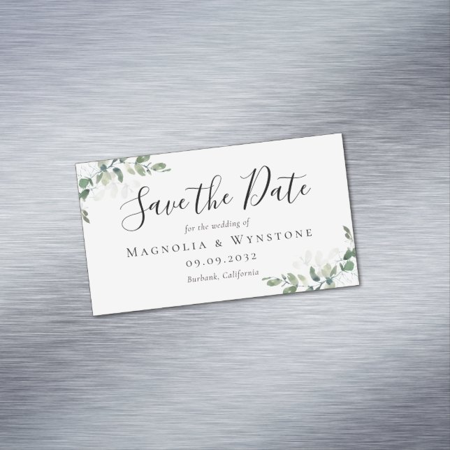 BUDGET Eucalyptus Wedding Save The Date Magnetic Business Card (In Situ)