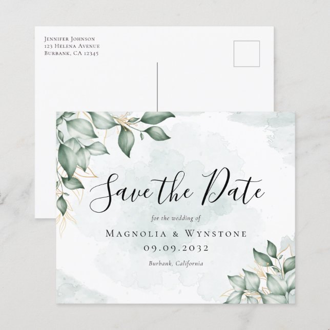 BUDGET Eucalyptus Wedding Save The Date Postcard (Front/Back)