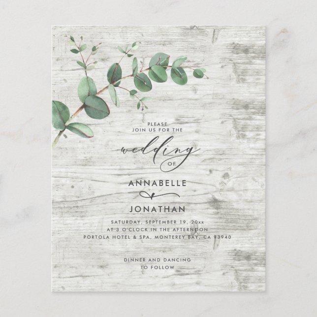 budget Eucalyptus wedding white wood Invitation Flyer (Front)