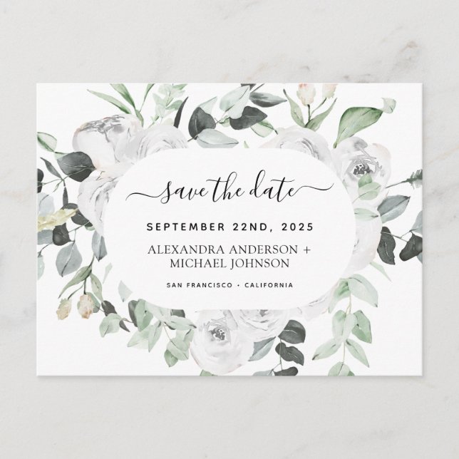 Budget Eucalyptus White Floral Save the Date Postcard (Front)