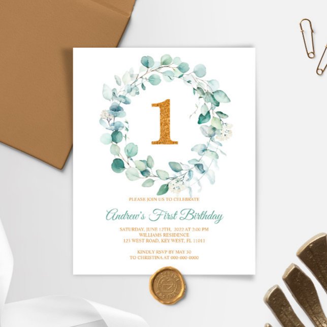 Budget Eucalyptus Wreath First Birthday Invitation (Creator Uploaded)