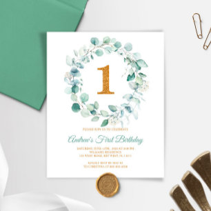 Budget Eucalyptus Wreath First Birthday Invitation