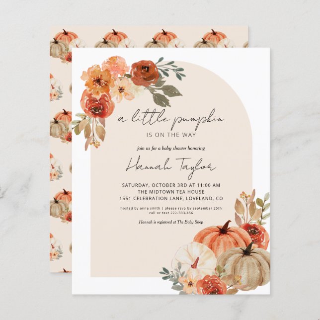 Budget Fall Baby Shower Little Pumpkin Invitation (Front/Back)