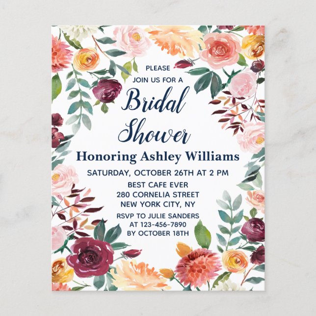 Budget Fall Boho Floral Bridal Shower Invitation (Front)
